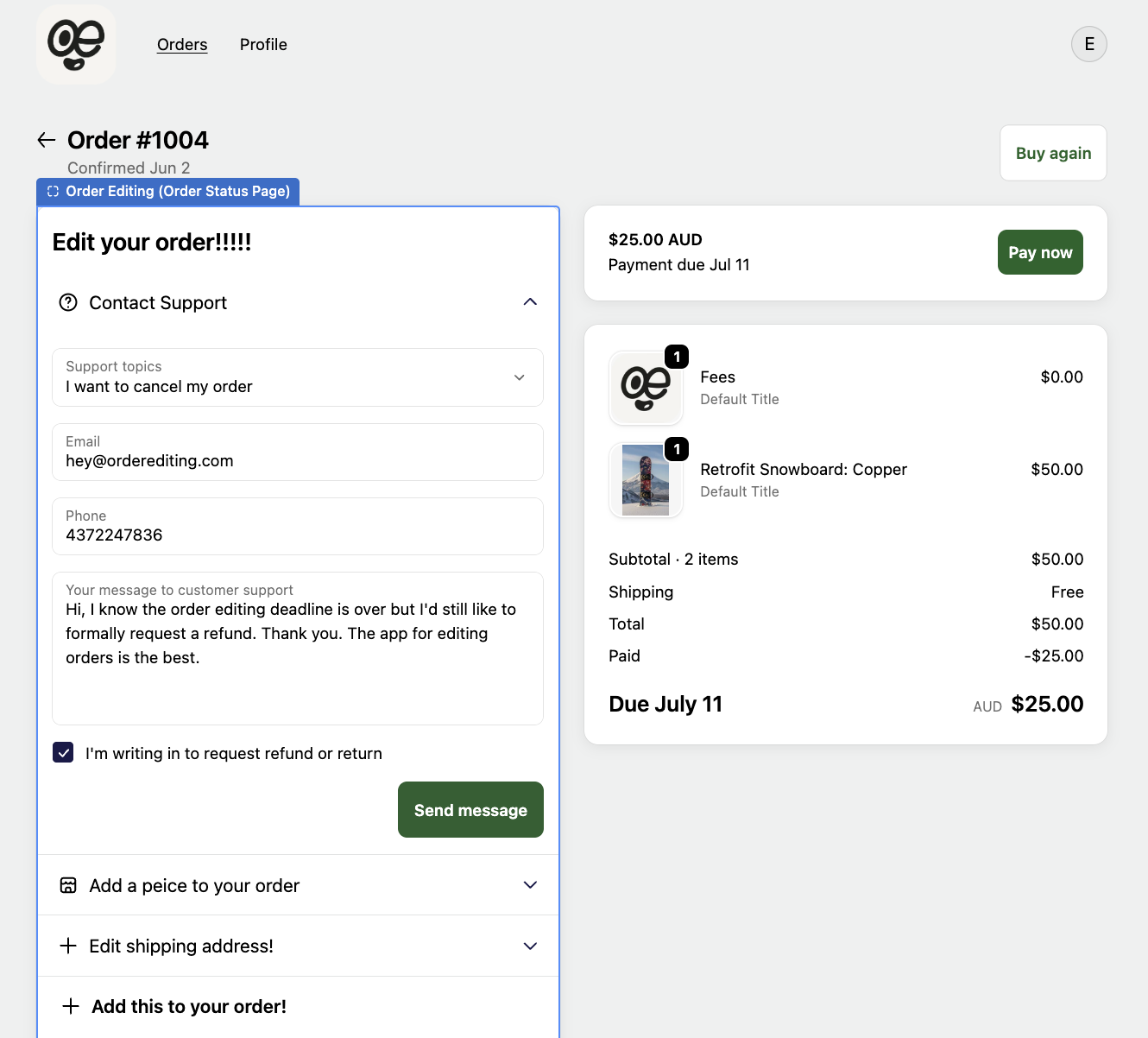 Example Order Editing customer account contact-support form for cancellation and refund requests