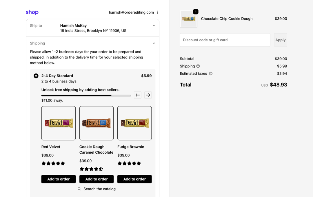 David Protein Shopify checkout with free shipping upsell carousel and add to order buttons