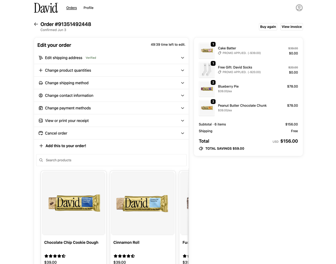 David Protein order status page with edit your order options and product upsells