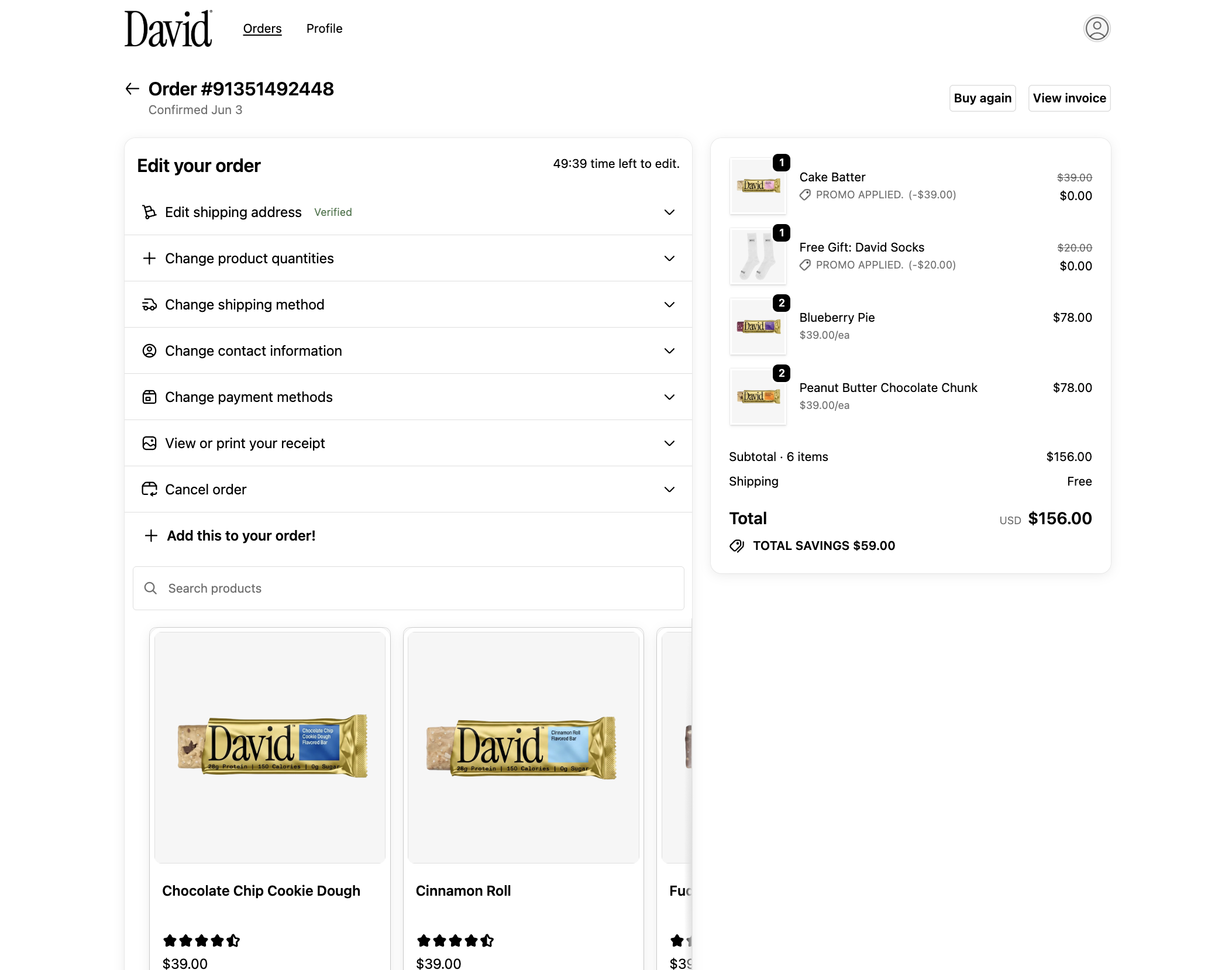David Protein order status page with edit your order options and product upsells