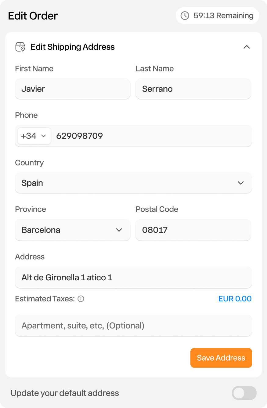 Customer editing shipping address interface